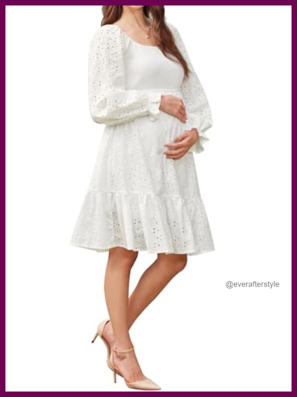 100% Cotton Eyelet Maternity Dress Square Neck Smocked Tiered Midi Baby Shower